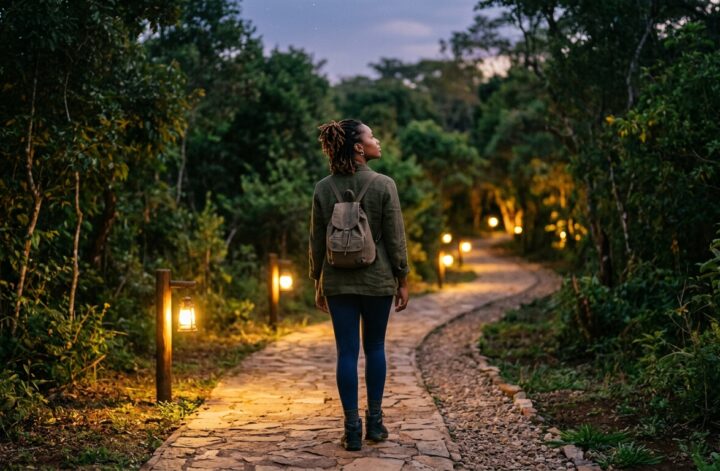 Une femme marche avec confiance, symbole de l'assurance du salut en Jésus-Christ.